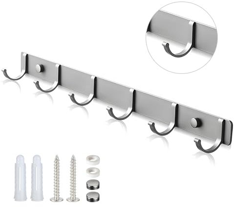 Amandir Coat Rack Wall Mounted Grey Wall Coat Rack with 6 Strong Coat Hooks Wall Mounted Coat Rack Hallway Organiser, Stainless Steels Veneer for Bedroom & Bathroom & Kitchen for Coats, Scarves, Bags