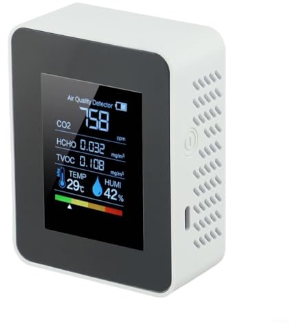 Feeshoppher Air Quality Monitors 5in1 Indoor C-O2 Detectors HCHO TVOC Testers with Temperature Humidity Sensor Rechargeable Battery Monitor Meters LED Display Portable Home Office Air Quality Analyzer