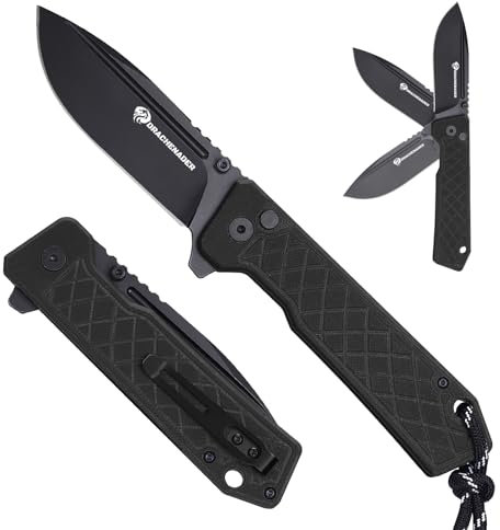 DRACHENADER Taschenmesser mit Button lock, IE-BR Einhandmesser, 14C28N Stahl, G10 Griff, Klappmesser mit Clip und Nylontasche für Camping, Vollschwarz