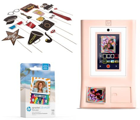 HP Sprocket Photo Booth Machine Instant Color Photo Printer (Pink) + Zink Paper (100 Sheets) + Hollywood Props Bundle