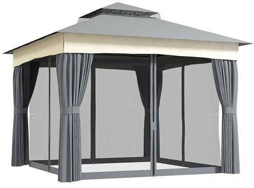 Outsunny Pavillon mit Doppeldach, 3x3 m Wasserabweisend Stabil Winterfest Gartenpavillon mit Moskitonetz, Seitenteile, Garten-Pavillon aus Metall, für Garten, Terrasse, Dunkelgrau