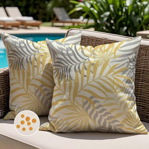 Jayusaror Outdoor Kissenbezug 40x40 cm Gelb Grau Kissenhülle Wetterfest Sofakissen Gartenkissen Sommer Tropische Blätter Deko Kissen Kissenbezüge für Sofa Garten Deko 2er Set