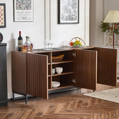 Eiche dunkel gemasert, Sideboard, Mid-Century Modern Dekoschrank, 3 Türen, welliges 3D-Design, verstellbare Einlegeböden, Kippsicherung-stilvolle für Wohnzimmer, Esszimmer,Bür(Natur-2, 150*40*80CM)