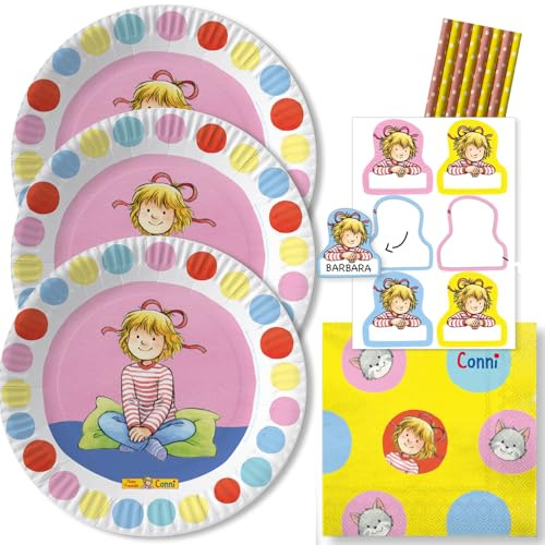 48-teiliges Party-Set - Meine Freundin Conni - Teller Namensaufkleber Servietten Trinkhalme für 8 Kinder