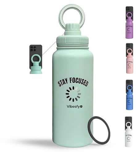 Vibesfy Botella térmica con soporte imantado para móvil - acero inoxidable - 1 litro- termo de agua fría y caliente reutilizable antifugas ideal para gimnasio y oficina Menta