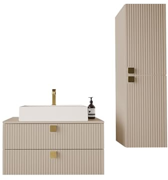 Mirjan24 Badezimmer Badmöbel Set Grentis III mit Waschbecken und Siphon, Unterschrank Hochschrank Waschtisch Hängeschrank Waschtischunterschrank (Wüstensand)