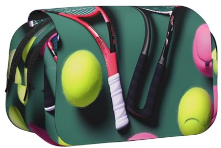 JBJGKHLP Lustiges Federmäppchen mit Tennisschlägern und Tennisbällen, vielseitiges Federmäppchen, große Kapazität, Aufbewahrung, Make-up, Kulturbeutel, Reisen, Büro
