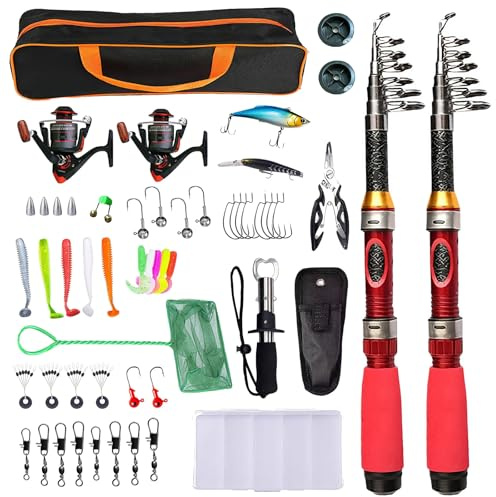 2 Person Angelset, mit 2 x 1,9 m Teleskop-Angelruten & 3000er Spinnrollen, Komplettset mit Bissanzeiger,Angelzange, Köderbox & Tragetasche, ideal für Süß-/Salzwasser, Reiseset für Anfänger