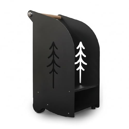 Signs & Numbers Firewood Storage Trolley Cart on Wheels - Modern Metal Log Holder with Wooden Handle | Indoor & Outdoor Firewood Rack - Durable Powder - Coated Metal (M-34x72x38cm-55L,10kg)