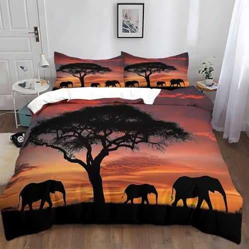 Afrika Bettwäsche 135x200 4teilig 2 Bettbezüge 135 x 200 cm Sonnenuntergangslandschaft Bettbezüge Set Weich Atmungsaktiv 3D Wendebettwäsche mit 2 Kissenbezügen M/5823