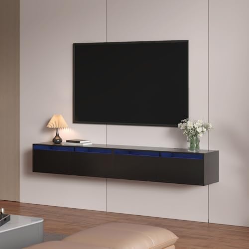 KEEPREAPER Lowborad, Fernsehschrank, hängend Lowboard, TV Schrank mit LED-Beleuchtung, grifflose TV-Board, für Wohnzimmer mit Klapptür (Schwarz, 200cm)