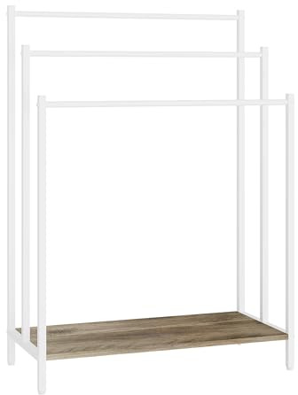 Relaxdays Porte-Serviettes sur Pied avec Tablette, 82,5x60x28 cm, Aspect Bois, 3 Barres, Naturel/Blanc