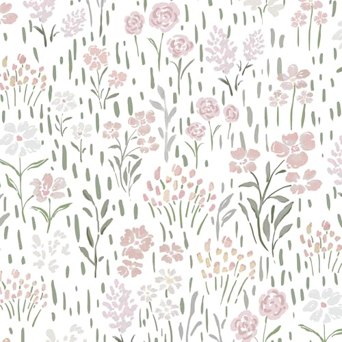 Timeet Self Adhesive Wallpaper White Floral 44CM×10M Waterproof Peel and Stick Wallpaper Pink Green Flower Leaf Contact Paper Thicken Sticky Back Plastic Removable Vinyl Wrap for Wall Furniture