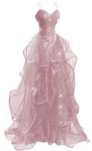 HAIBFJIN Abito da Sera Lungo con Paillettes, Abito da Ballo con Spaghetti a Spalla, Abito con Tulle e Glitter, Abito per Quinceanera, Abito da Sera Elegante, rosa antico, 48
