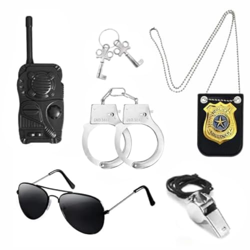 VINEST Juego de 6 equipos de policía para niños con esposas, marca de policía, silbato, walkie talkie, esposas, llaves, gafas de sol, accesorios de cosplay para carnaval fiesta temática