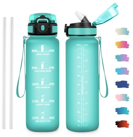JAPORIA Gourde Sport 1L, Gourde avec Paille et Marqueur de Temps, Gourdes sans BPA, Bouteille pour Bureau, Fitness, Randonnée, Yoga, Camping