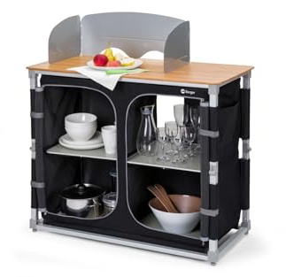 Küchenbox Deluxe für Camping – Faltbar mit 4 Staufächern, spritzwassergeschützte Bambus-Arbeitsplatte, Tragetasche, Outdoor Campingschrank, mobile Kochstation für Camping und Outdoor-Aktivitäten