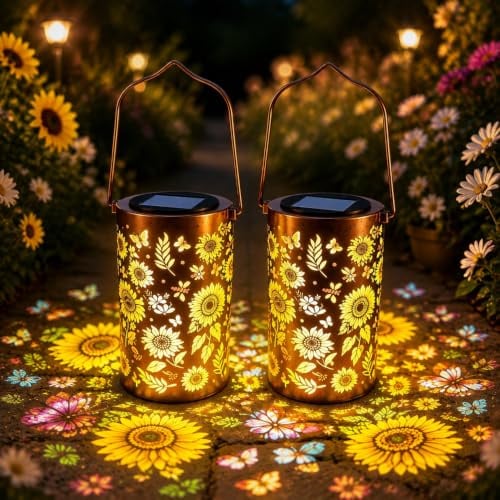 2 Stück Solarlaterne für Außen Hängend - Bunte Sonnenblumen Solarlampe - Metall Solarleuchte Gartendeko für Balkon, Hof, Terrasse, Geschenk für Frauen, Mama, IP65 Wasserdicht Sonnenblumenlicht