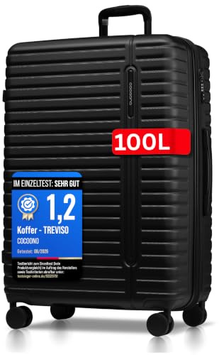 Cocoono Hartschalenkoffer XL Groß - 100L Volumen erweiterbar auf 117L - 158cm Gurtmaß - 8 Rollen 360° drehbar - Leichter Koffer mit TSA Schloss & Teleskopgestänge - Reisekoffer (Schwarz, XL)