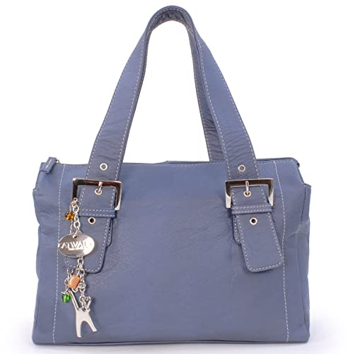 Catwalk Collection Handbags - Damen Leder Schultertasche - Handtasche Mittelgroß mit Viele Fächer - Jane - Blau