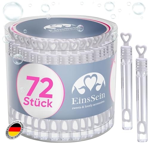 EinsSein Seifenblasen Hochzeit Herzgläschen Set Weiss 72 Stück | Gastgeschenke für die Hochzeit Taufe Geburtstag Verlobung | Keine Flecken auf Kleindung | Mini Hochzeitsseifenblasen Herz Herzgriff