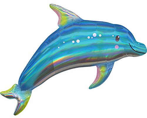 Amscan 3937601 - Super Shape Folienballon Iridescent Blue Dolphin, Größe 73 x 68 cm, Volumen 40 Liter, Heliumballon