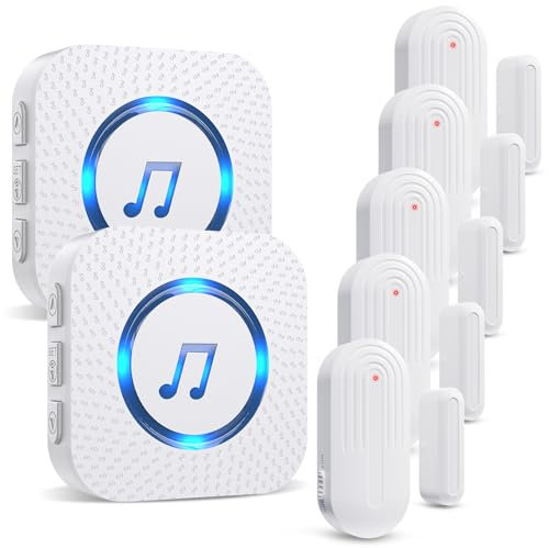 SanJie Door Chimes When Door Opens for Home - Door Alarm with Chime Adjustable Volume,5 Magnetic Door Sensors & 2 Plug-in Receivers - Door Open Chime - Indoor Range 500ft 2 Receivers + 5 Sensors