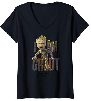 Damen Marvel Guardians Vol.2 I AM Groot Cute Angry T-Shirt mit V-Ausschnitt, Schwarz, L