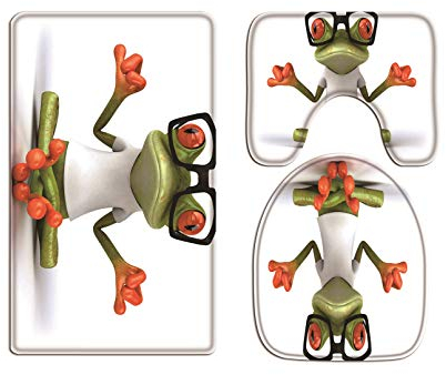 A.Monamour Badezimmer Badematte 3 Teilig Set Zen Frosch Mit Einem Weißen T-Shirt, Das Sonnenbrillen Trägt Tier Flanell WC Toilette Deckel Deckt Bad Matte Teppich Badteppiche Badvorleger Badgarnitur