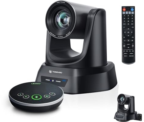 TONGVEO Telecamera per conferenze PTZ 4K KI con altoparlante Bluetooth e microfono, zoom ottico 20x, USB 3.0, HDMI, LAN, PoE, ideale per chiesa, riunioni e streaming live