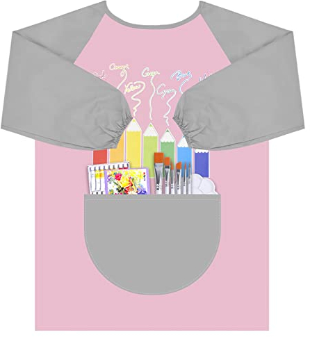 Vesaneae Malschürze Kinder, Kunstkittel mit Großen Taschen für 4-13 Jahre, Kunstschürze Langarm Kinder, Paint Apron Kids zum Male, Kunstschürzen Wasserdichter für Basteln Malen Backen Kochen (Rosa)