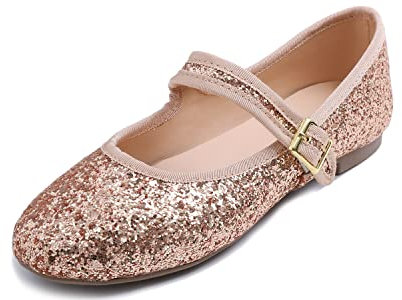 Feversole Women's Soft Breathable Mary Jane Memory Foam Cushioned Comfort Round Toe Metal Buckle Flats Walking Shoes Rosegold Glitter Size UK 6