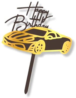 Craft Cart Acrylic Cake Topper Happy Birthday Black Gold Racing Car Party Decoration Design Idea, Multicoloured