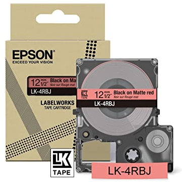 Epson Etikettenkassette, mattes Beschriftungsband LK-4RBJ schwarz auf rot, langlebiges Band für Epson LabelWorks Etikettendrucker, wasser- & verschleißfest, 8 m x 12 mm