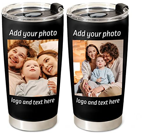Petalsun Tasse à café personnalisée avec photo et texte du nom, tasse à café personnalisée en acier inoxydable, tasse à café de voyage de 20 onces, cadeau pour anniversaire, Noël, papa, maman, amis…