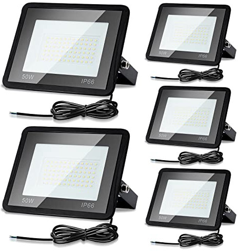 Cecaylie 5er 50W LED Strahler Außen, Fluter 3000K Warmweiß 4250LM Scheinwerfer IP66 Wasserdicht Flutlicht Außenstrahler Außenleuchte für Werkstatt Garage Garten