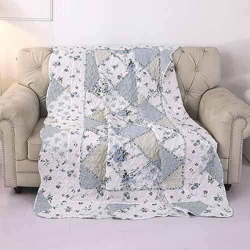 Patchwork-Steppdecke für Doppelbett, für Couch, Sofa, blau, Vintage, Blumenmuster, wendbar, leicht, gesteppt, Tagesdecke, Überwurf, Blumen, Steppdecke, weiche Gartendecke, Bettüberwurf für Bett,