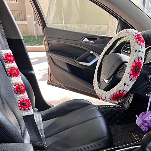 Auto Häkeln Blume Lenkradbezug Stricken Sonnenblume Garn Radabdeckung Für Frauen Handgemachtes Geschenk Autozubehör Untersetzer Auto Lenkradbezug (Color : 31WheelCoverSet)