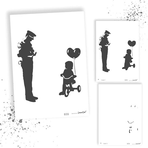 LaserCad Schablonen BANKSY Streetart (B039, Tricycle Girl and Cop (2 layer), DIN A2) Stencil für Graffiti, Airbrush, Kunst, Deko, zum Malen