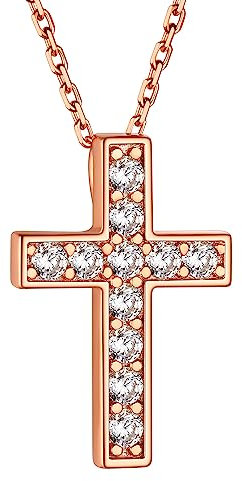 Croix Pendentif Or Rose Plaque Collier Chretienne Argent 925 Homme Femme Religieux Chaine Rolo 55 cm Reglable Cadeau Fetes des Peres Noel