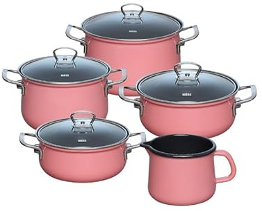 Riess, 0584-114, Familien-Set 5tlg., PINK, Emaille, Made in Österreich, LBH: 48,5x39,0x28,5cm, 7,740kg, Kanne mit Henkel, Deckel, Induktionskocher kompatibel, Gasherd geeignet, Elektroherd geeignet