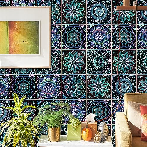 20pcs Mandala Tile Stickers, Moroccan Kitchen Bathroom Wall Tile Stickers Peel and Stick on Tile Transfers Covers Decals Self Adhesive Vinyl Waterproof Teal Purple Mosaic Art (15cm x 15cm, 6x6 inches)