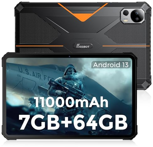 FOSSiBOT DT1 Lite Tablet Rugerizada, 10'' FHD 2K IPS, 7GB+64GB, 11000mAh Carga Rápida Tablets PC, Octa-Core Procesador 2.0 GHz, IP68/IP69K, 13+5MP, Bluetooth 5.0, Tipo-C/GPS/OTG/Wi-Fi (Naranja)