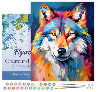Figured'Art Peinture par Numéro Adulte avec Cadre Loup Coloré Abstrait - Activité Manuelle Kit de Loisir Créatif DIY Numéro d'Art Complet Animaux - 40x50cm toile tendue sur châssis