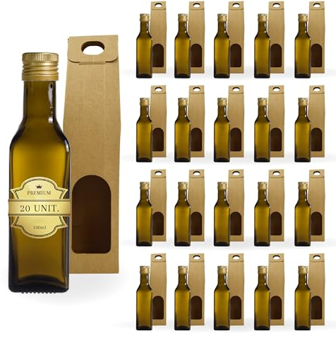 Espirito Rebelde 20 mini bottiglie in vetro scuro da 100 ml con tappo a vite dorato + 20 scatole | piccole bottiglie per olio d'oliva, aceto, alcool | flacone per campioni