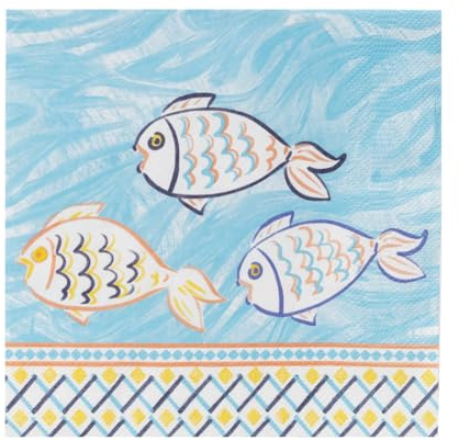Talking Tables 20 x Fish Paper Napkins-|Souk Mediterranean-Inspired Serviettes, Summer Picnic, Garden Party Supplies, Disposable, Yellow, Ocean Blue
