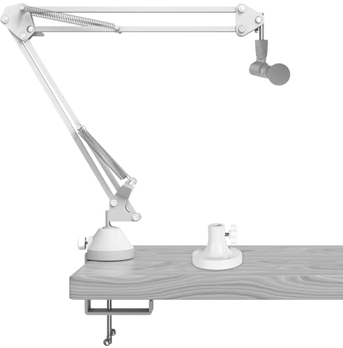 Geekria for Creators Microphone Boom Arm Compatible with Shure MV88+, SM7B, MV7, MV7X, SM58; Modern White Clamp Stand with Tabletop Flange Mount, Suspension Mic Stand for Studio Recording