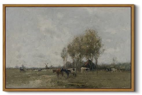Arpeotcy, Vintage-Leinwandbild groß mit Rahmen, Wiese mit Kühen, Retro-Kunst, Leinwanddruck, Natur- und Weidelandschaft, Wanddeko für Wohnzimmer oder Schlafzimmer, 40 x 60 cm