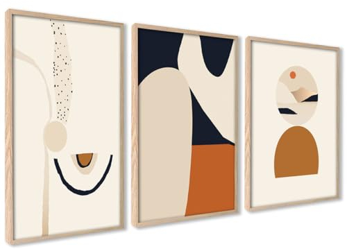 ag.art deco Abstrakt Poster 50x70 | 3x Bilder mit Holz Rahmen | Poster Set für Wand Deko Wohnzimmer Schlafzimmer | Ästhetische Kunstdruck mit Geometrische Kunst in Beige