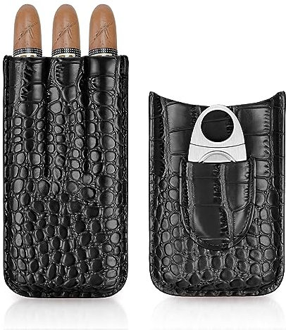 Cgaplus 3 Zigarren Set Leder Zigarrenetui mit Cutter Zedernholz ausgekleidet Zigarren Humidor Portable Travel Zigarrenetui (Schwarz)